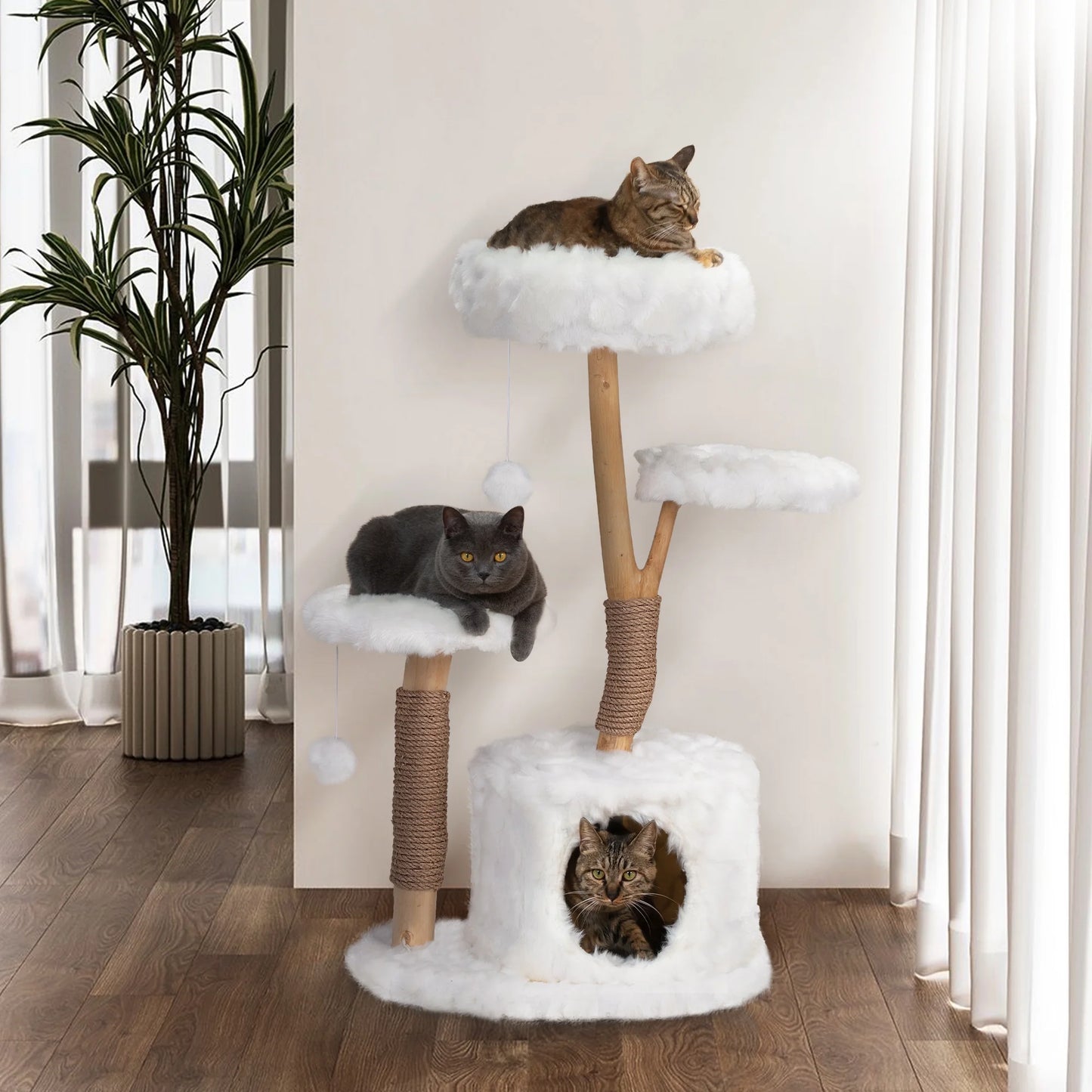 Coziwow 42-In Modern Cat Tree Tower for Large Cats, Natural Branch Cat Condo with 3 Platforms, Scratching Posts, Cat Cave Bed, White