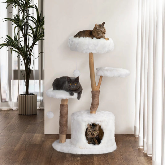 Coziwow 42-In Modern Cat Tree Tower for Large Cats, Natural Branch Cat Condo with 3 Platforms, Scratching Posts, Cat Cave Bed, White