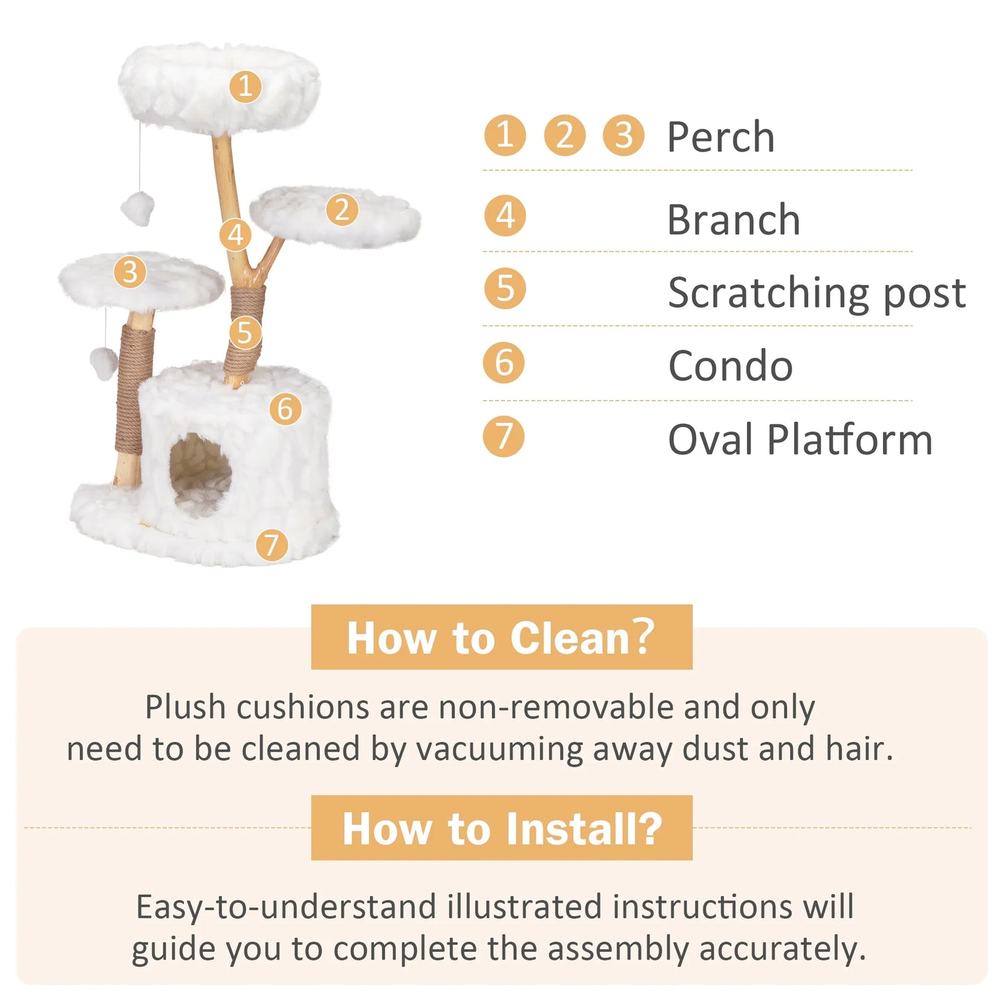 Coziwow 42-In Modern Cat Tree Tower for Large Cats, Natural Branch Cat Condo with 3 Platforms, Scratching Posts, Cat Cave Bed, White