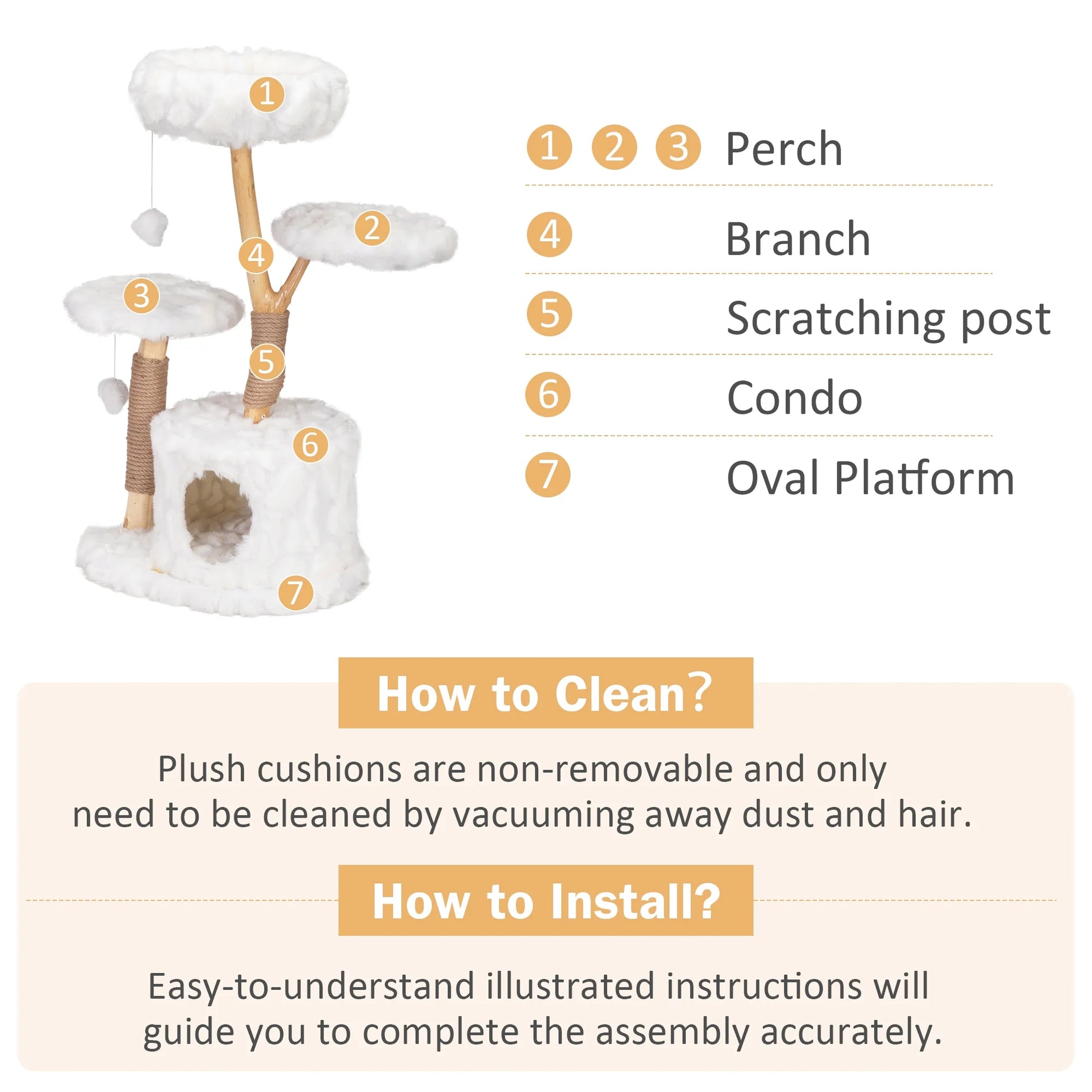 Coziwow 42-In Modern Cat Tree Tower for Large Cats, Natural Branch Cat Condo with 3 Platforms, Scratching Posts, Cat Cave Bed, White