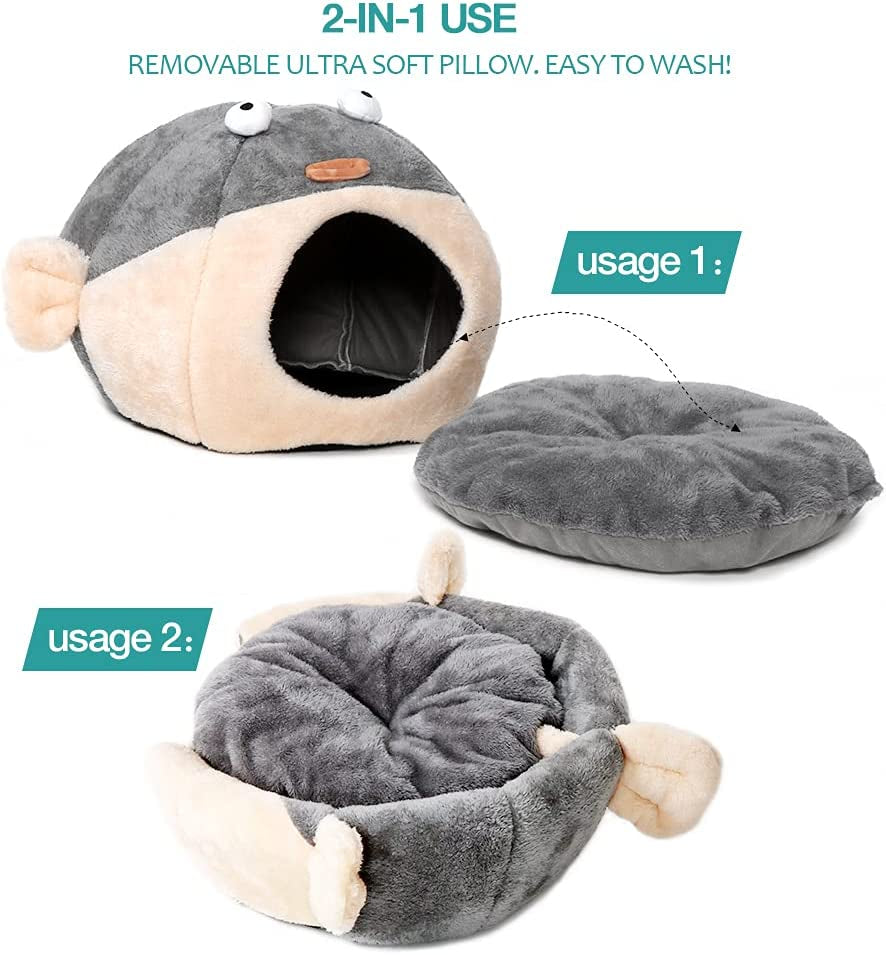 Cat Beds for Indoor Cats - Cat Bed Cave with Removable Washable Cushioned Pillow,2 in 1 Super Soft Cat Tent for Kitten and Small Cats, Lively Pufferfish Animal-Shape & Furniture, Grey Multiple Sizes