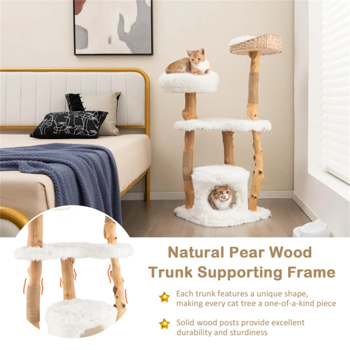 49" Solid Wood Cat Tree Tower for Indoor, Modern Cat Condo with Scratching Post, Cat Climbing Tree House Furniture, White