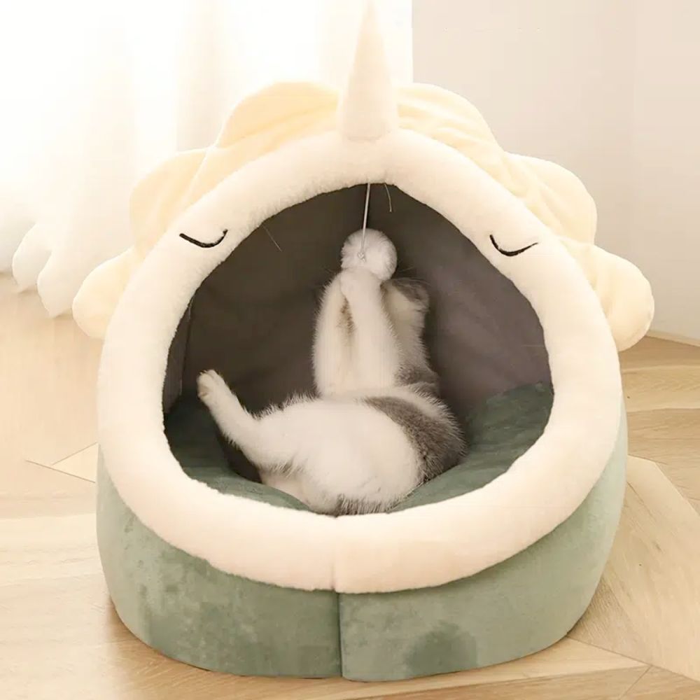 Soft Dino Cave Pet Bed – Warm & Comfy Cat Hideout