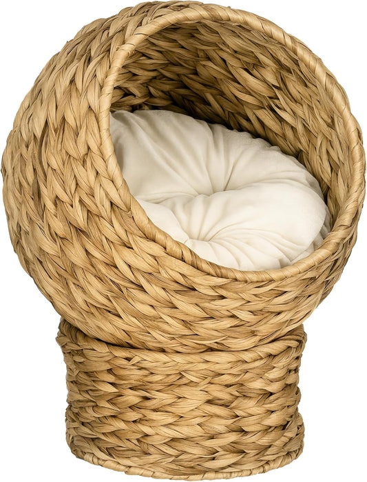 Handwoven Elevated Cat Bed with Soft Cushion & Egg Chair Shape, Basket Bed Kitty House with Stand, Raised Wicker House for Indoor Cats, 20" H, Brown