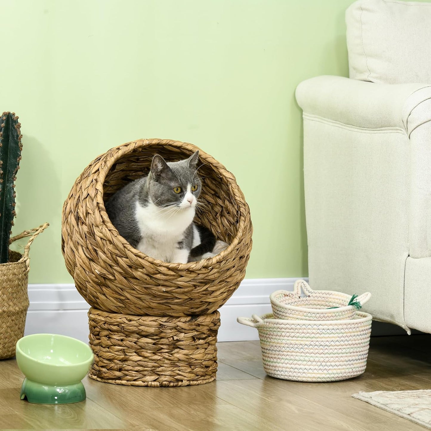Handwoven Elevated Cat Bed with Soft Cushion & Egg Chair Shape, Basket Bed Kitty House with Stand, Raised Wicker House for Indoor Cats, 20" H, Brown