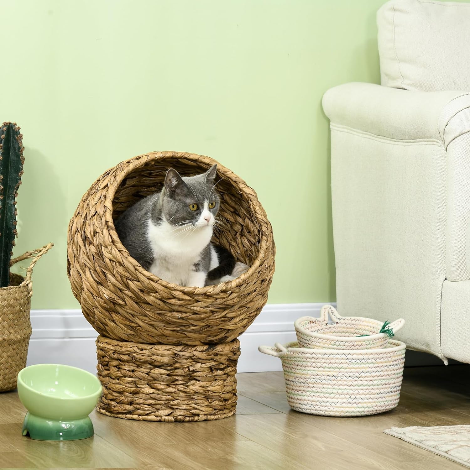 Handwoven Elevated Cat Bed with Soft Cushion & Egg Chair Shape, Basket Bed Kitty House with Stand, Raised Wicker House for Indoor Cats, 20" H, Brown