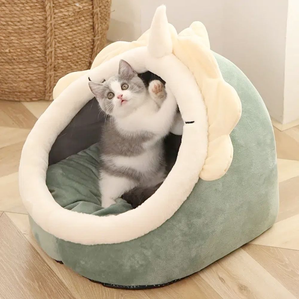 Soft Dino Cave Pet Bed – Warm & Comfy Cat Hideout