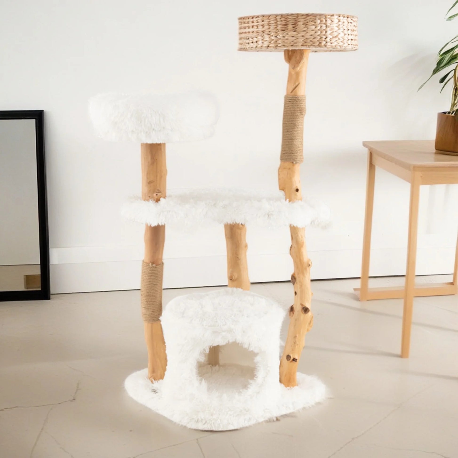 49" Solid Wood Cat Tree Tower for Indoor, Modern Cat Condo with Scratching Post, Cat Climbing Tree House Furniture, White