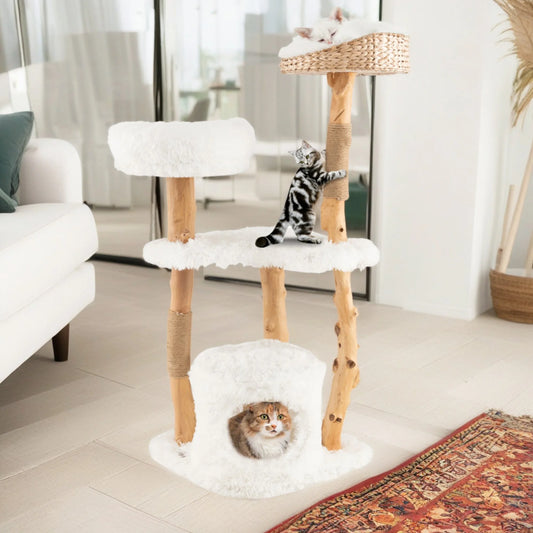 49" Solid Wood Cat Tree Tower for Indoor, Modern Cat Condo with Scratching Post, Cat Climbing Tree House Furniture, White