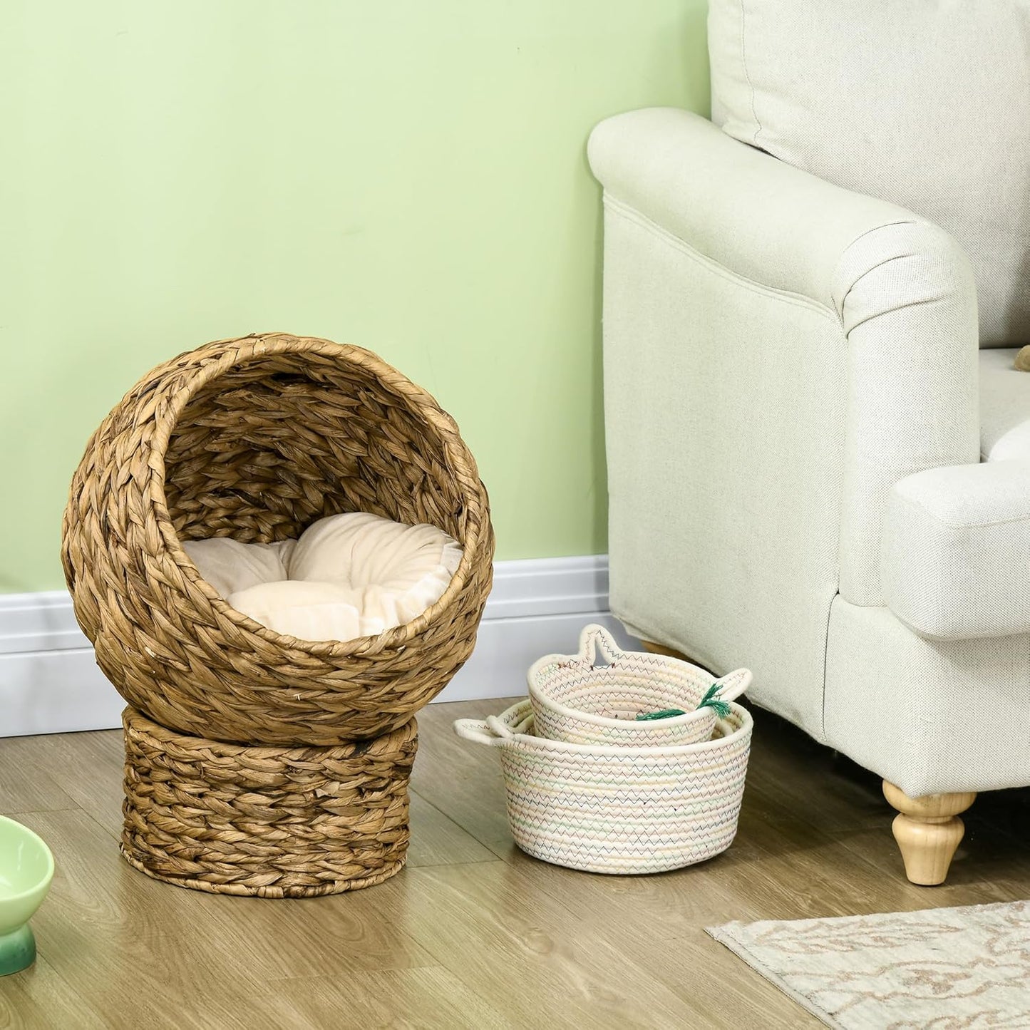 Handwoven Elevated Cat Bed with Soft Cushion & Egg Chair Shape, Basket Bed Kitty House with Stand, Raised Wicker House for Indoor Cats, 20" H, Brown