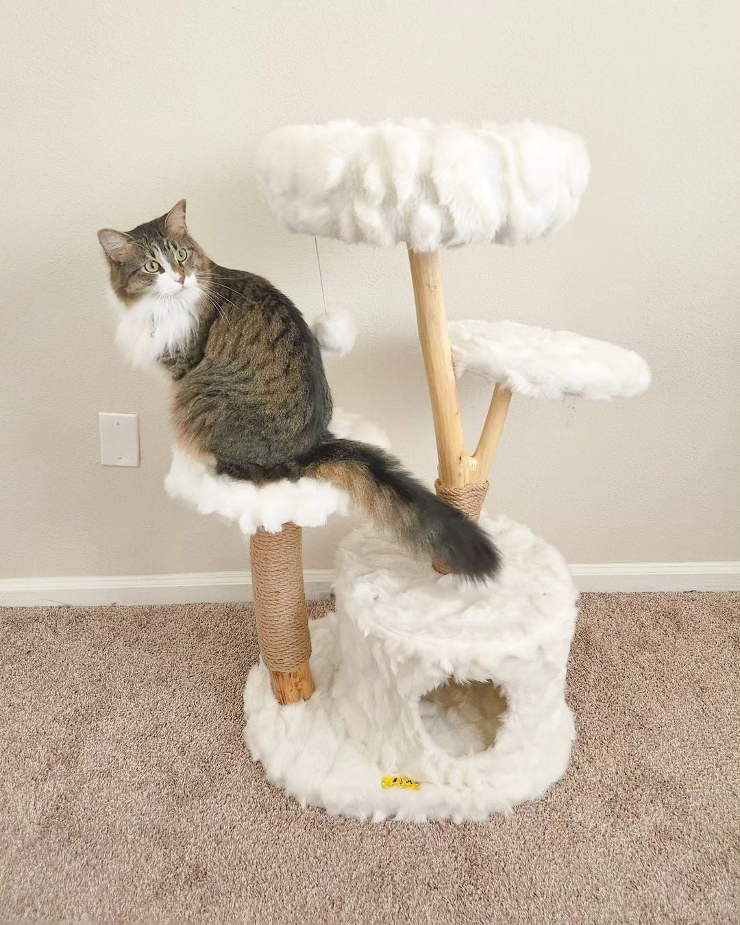 Coziwow 42-In Modern Cat Tree Tower for Large Cats, Natural Branch Cat Condo with 3 Platforms, Scratching Posts, Cat Cave Bed, White