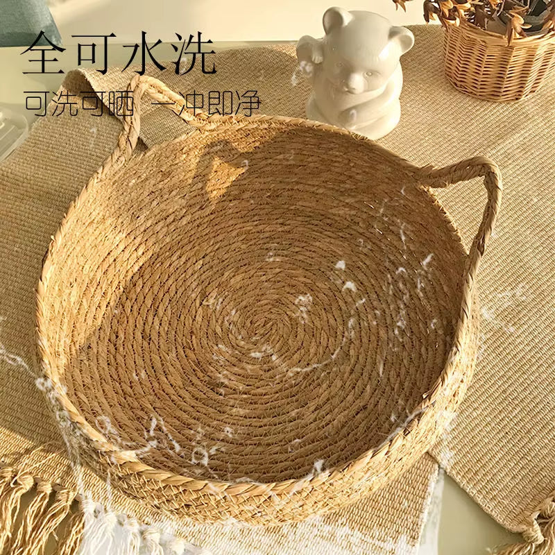 OUZEY Rattan Weaving Cat Basket Pet Cat Bed with Cushion Soft Warm Puppy Kitten Bed Donut round Comfortable Sleeping Cat House