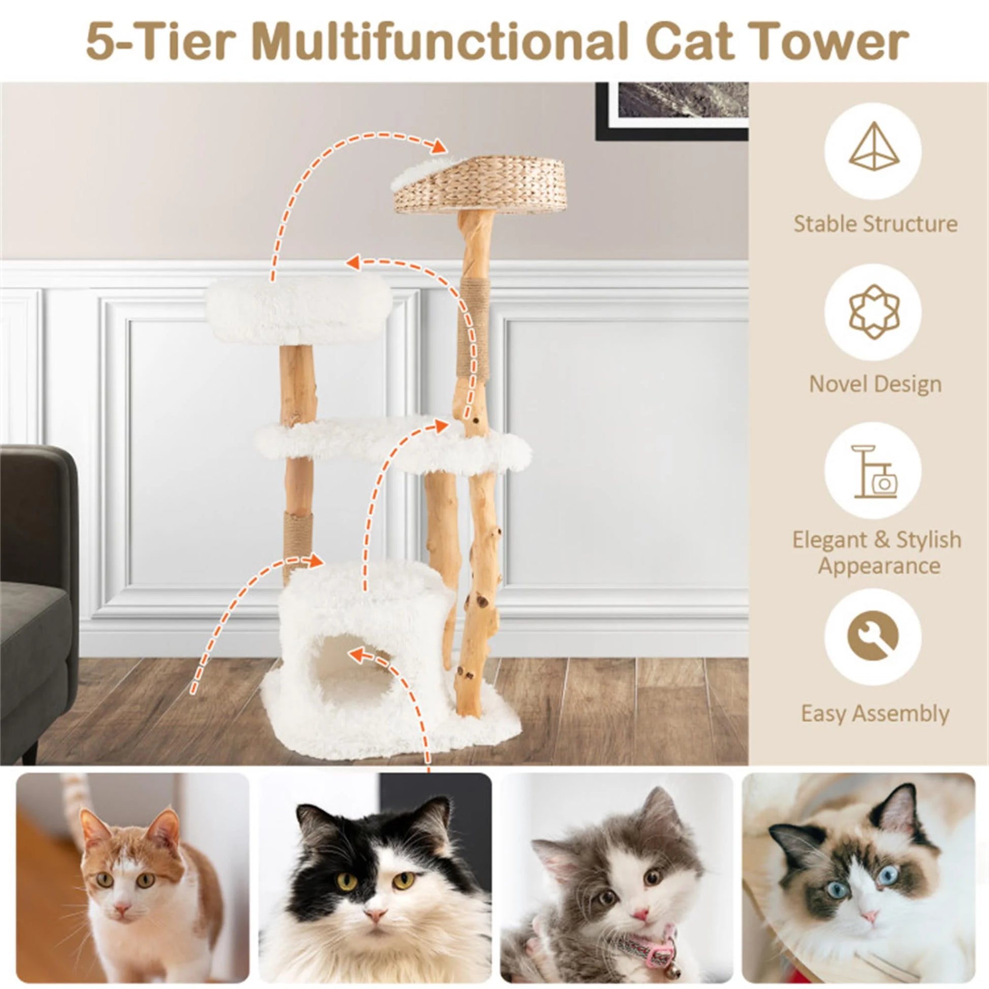 49" Solid Wood Cat Tree Tower for Indoor, Modern Cat Condo with Scratching Post, Cat Climbing Tree House Furniture, White