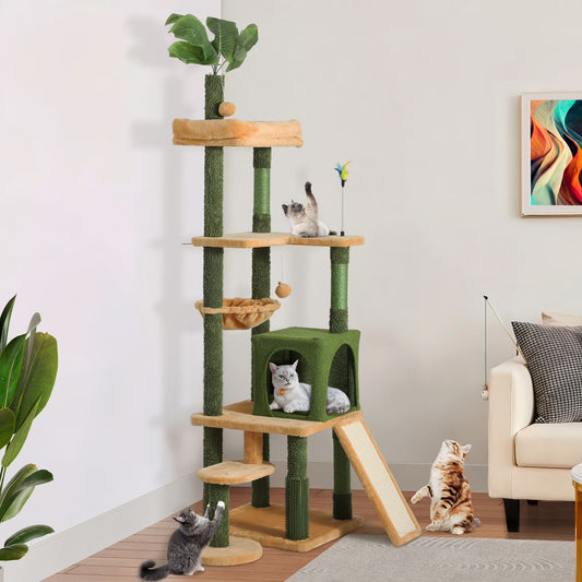 73" Large Cactus Cat Tree Tower with Cat Scratching Posts Cozy Condo Perch for Indoor Cats, Green&Yellow