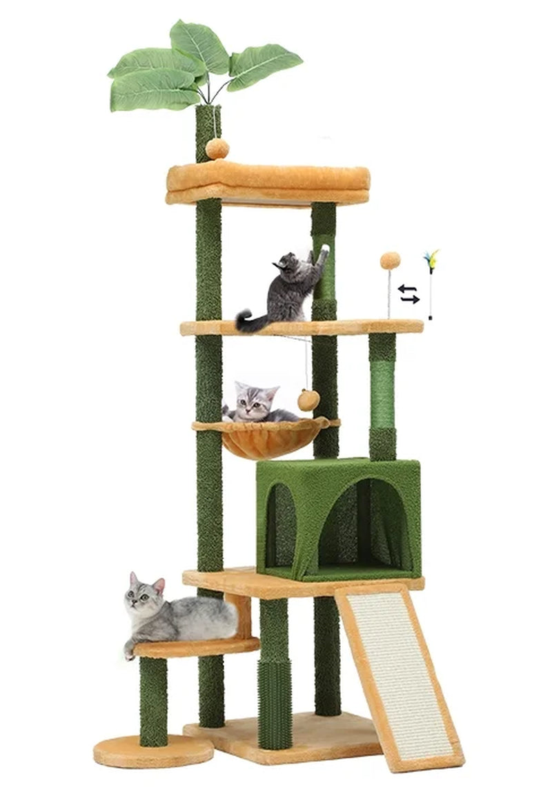 73" Large Cactus Cat Tree Tower with Cat Scratching Posts Cozy Condo Perch for Indoor Cats, Green&Yellow