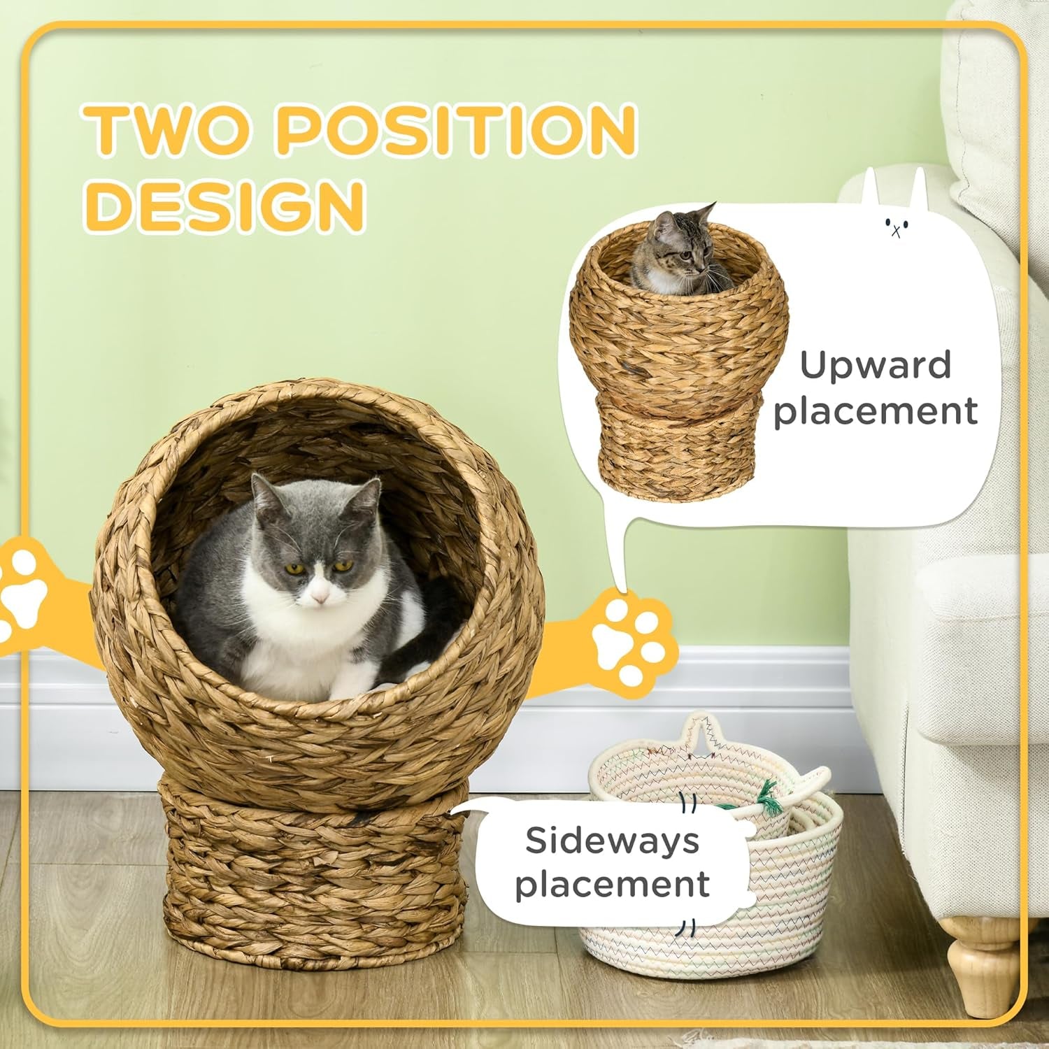 Handwoven Elevated Cat Bed with Soft Cushion & Egg Chair Shape, Basket Bed Kitty House with Stand, Raised Wicker House for Indoor Cats, 20" H, Brown