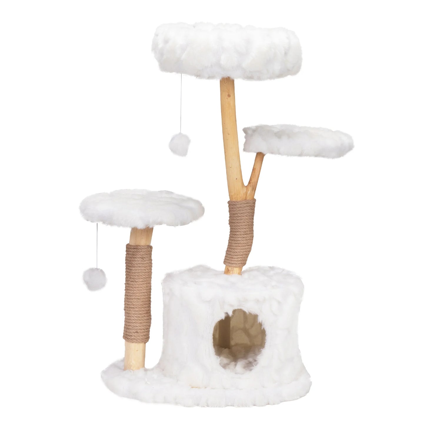 Coziwow 42-In Modern Cat Tree Tower for Large Cats, Natural Branch Cat Condo with 3 Platforms, Scratching Posts, Cat Cave Bed, White