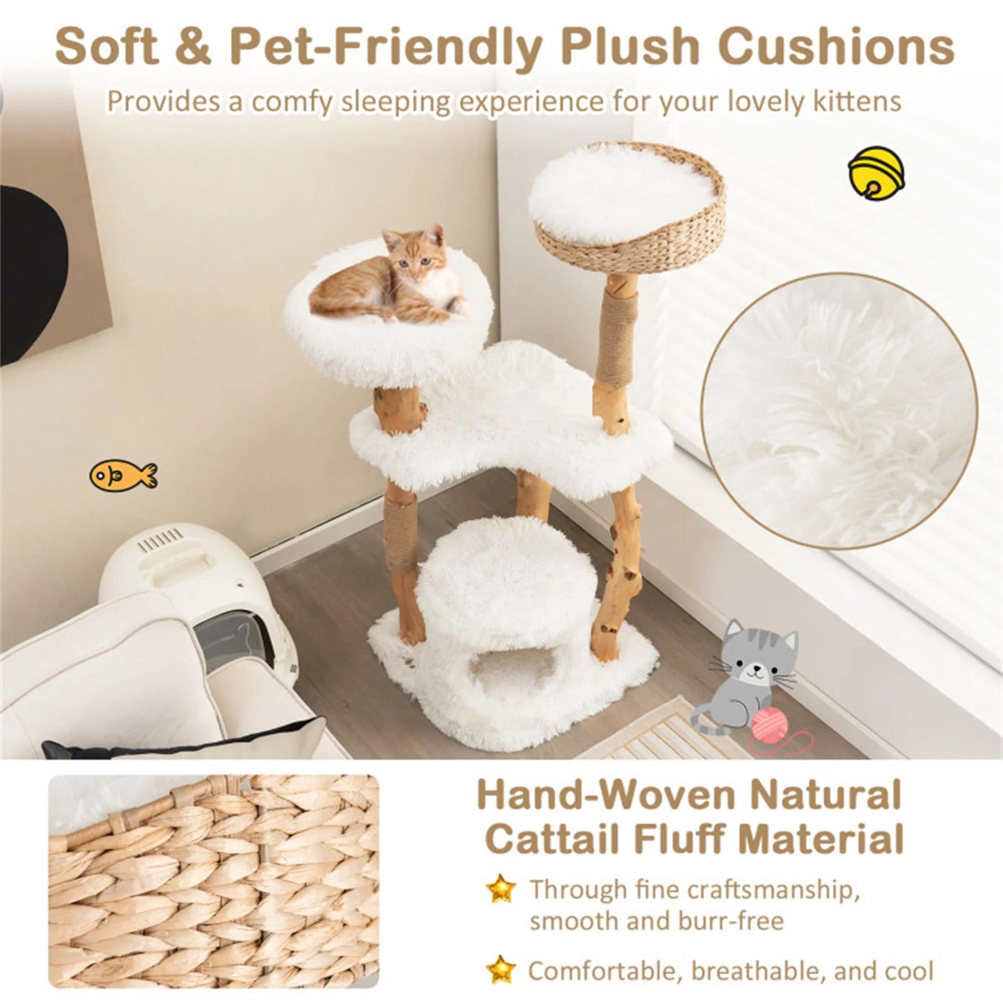 49" Solid Wood Cat Tree Tower for Indoor, Modern Cat Condo with Scratching Post, Cat Climbing Tree House Furniture, White