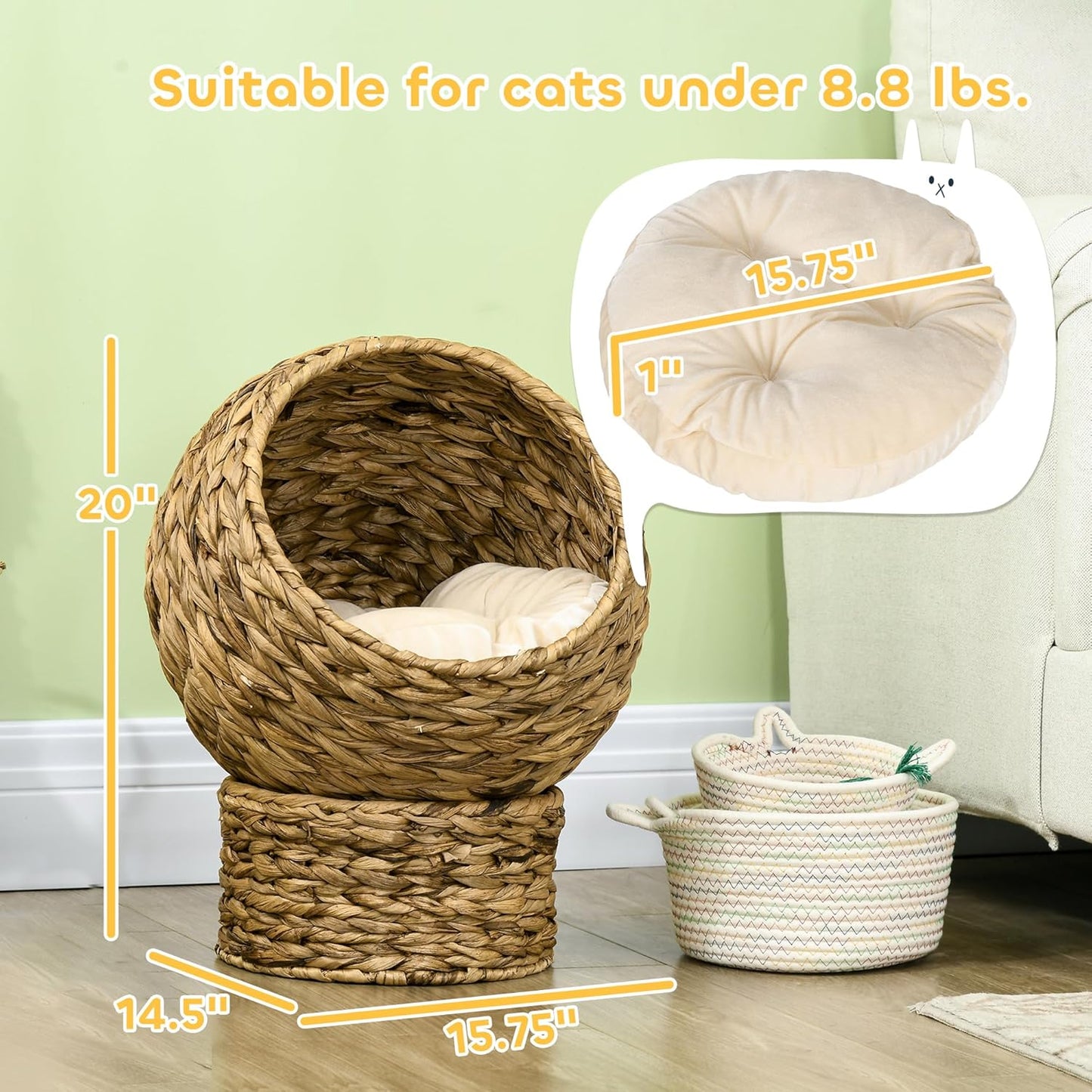 Handwoven Elevated Cat Bed with Soft Cushion & Egg Chair Shape, Basket Bed Kitty House with Stand, Raised Wicker House for Indoor Cats, 20" H, Brown