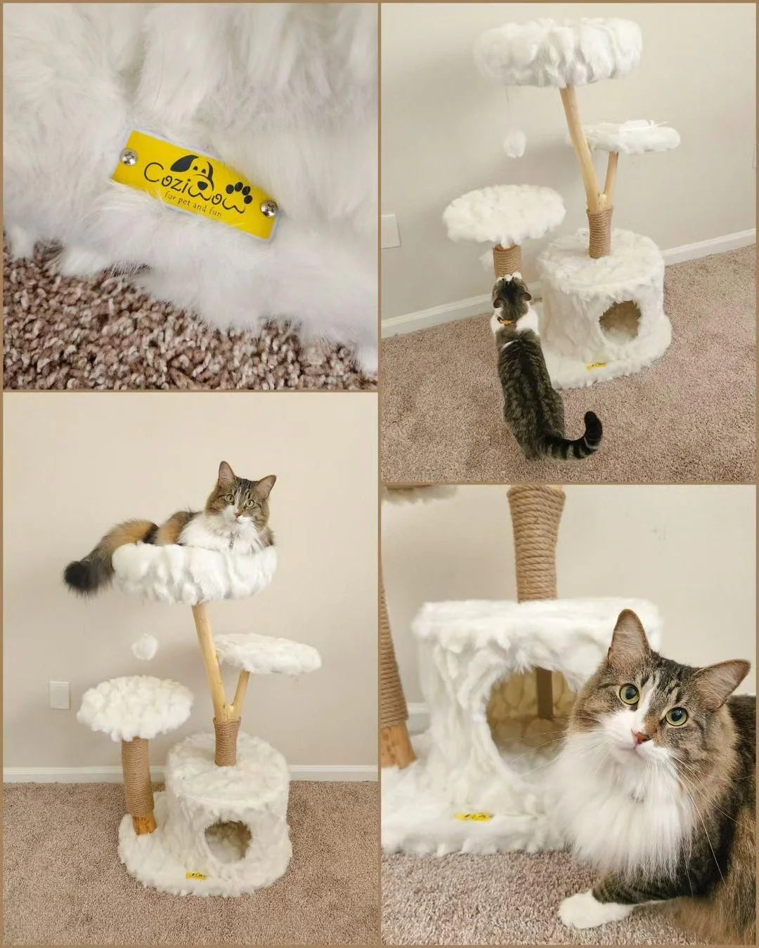 Coziwow 42-In Modern Cat Tree Tower for Large Cats, Natural Branch Cat Condo with 3 Platforms, Scratching Posts, Cat Cave Bed, White