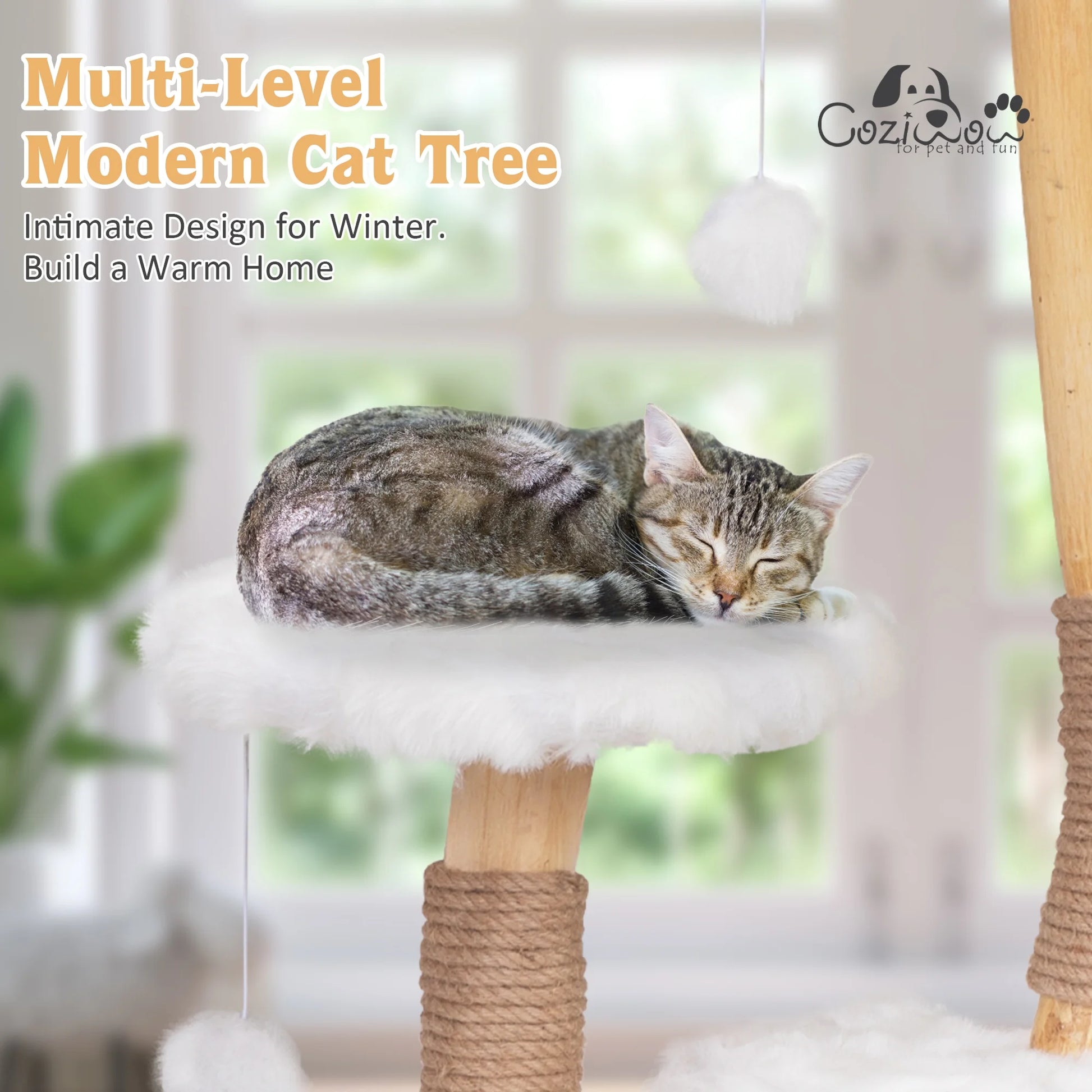 Coziwow 42-In Modern Cat Tree Tower for Large Cats, Natural Branch Cat Condo with 3 Platforms, Scratching Posts, Cat Cave Bed, White