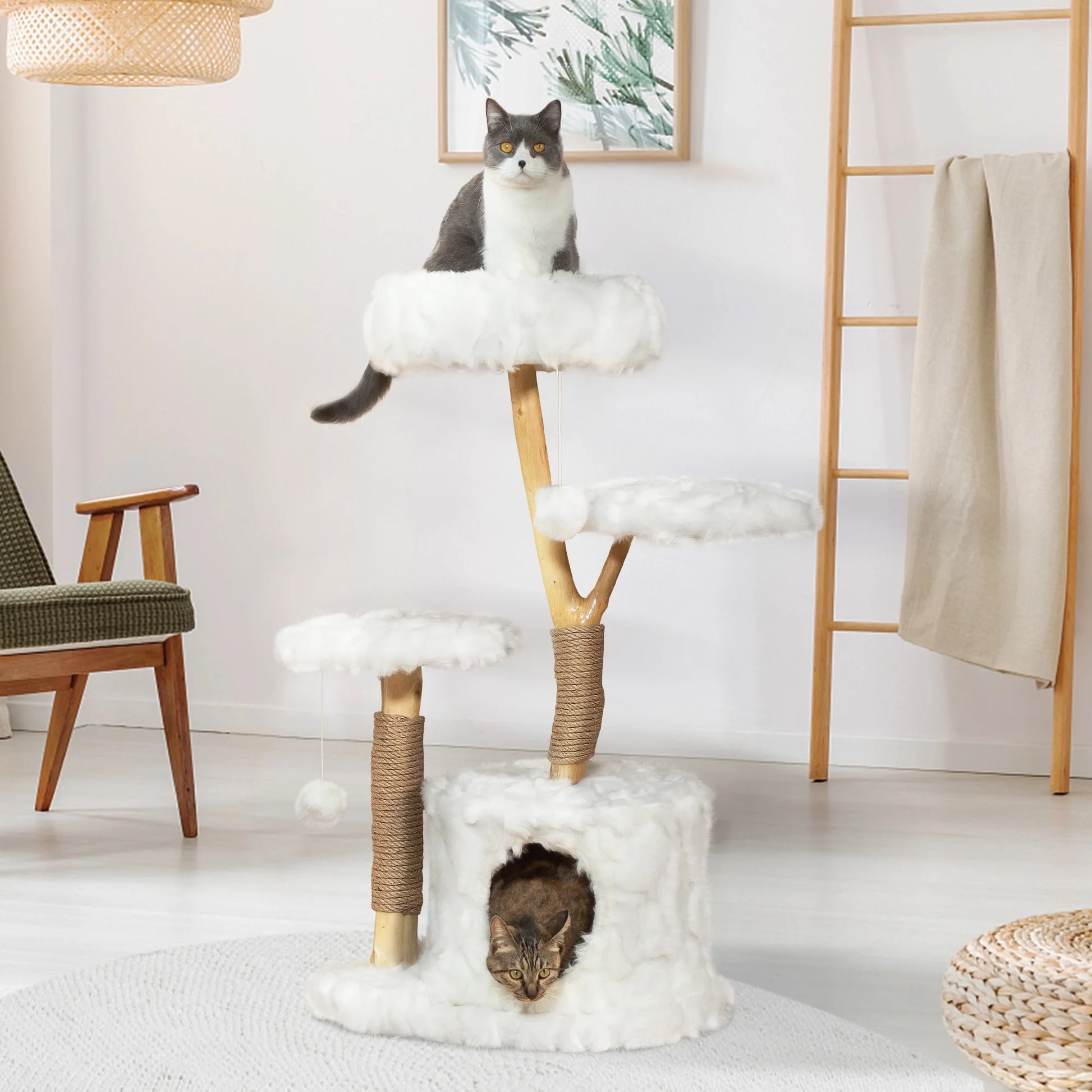 Coziwow 42-In Modern Cat Tree Tower for Large Cats, Natural Branch Cat Condo with 3 Platforms, Scratching Posts, Cat Cave Bed, White