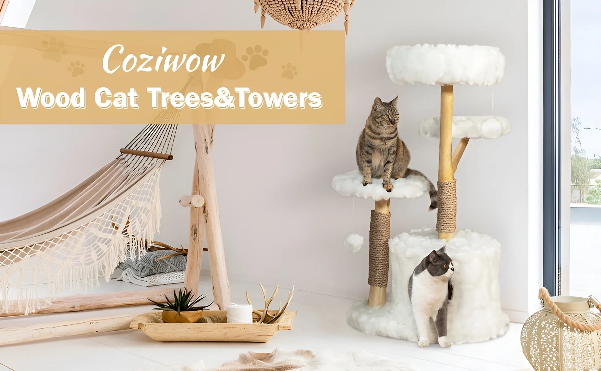 Coziwow 42-In Modern Cat Tree Tower for Large Cats, Natural Branch Cat Condo with 3 Platforms, Scratching Posts, Cat Cave Bed, White