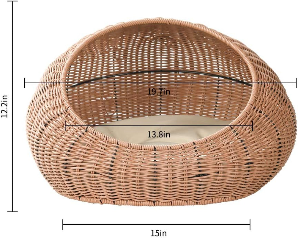 Hand Made Rattan round Bed with Soft Cushion for Cats or Small Dogs, Wicker Basket Pet House