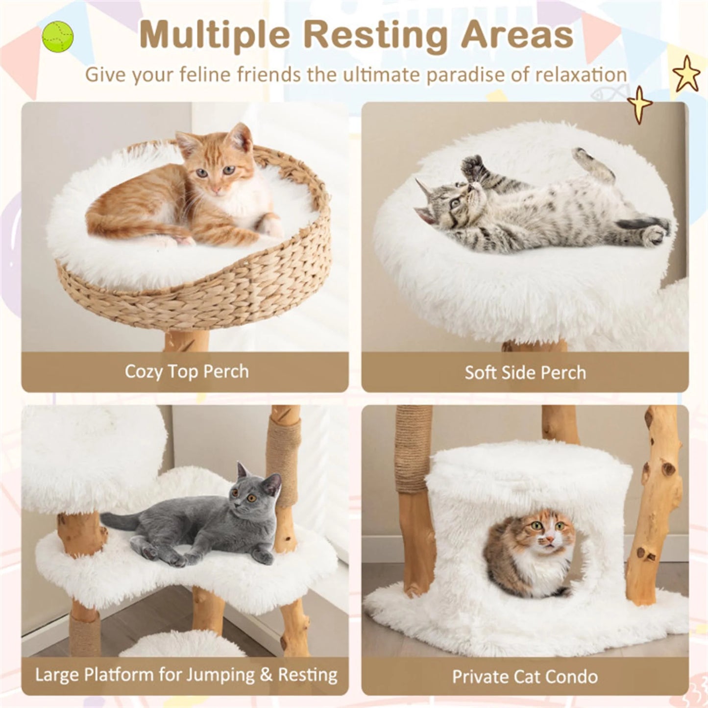 49" Solid Wood Cat Tree Tower for Indoor, Modern Cat Condo with Scratching Post, Cat Climbing Tree House Furniture, White