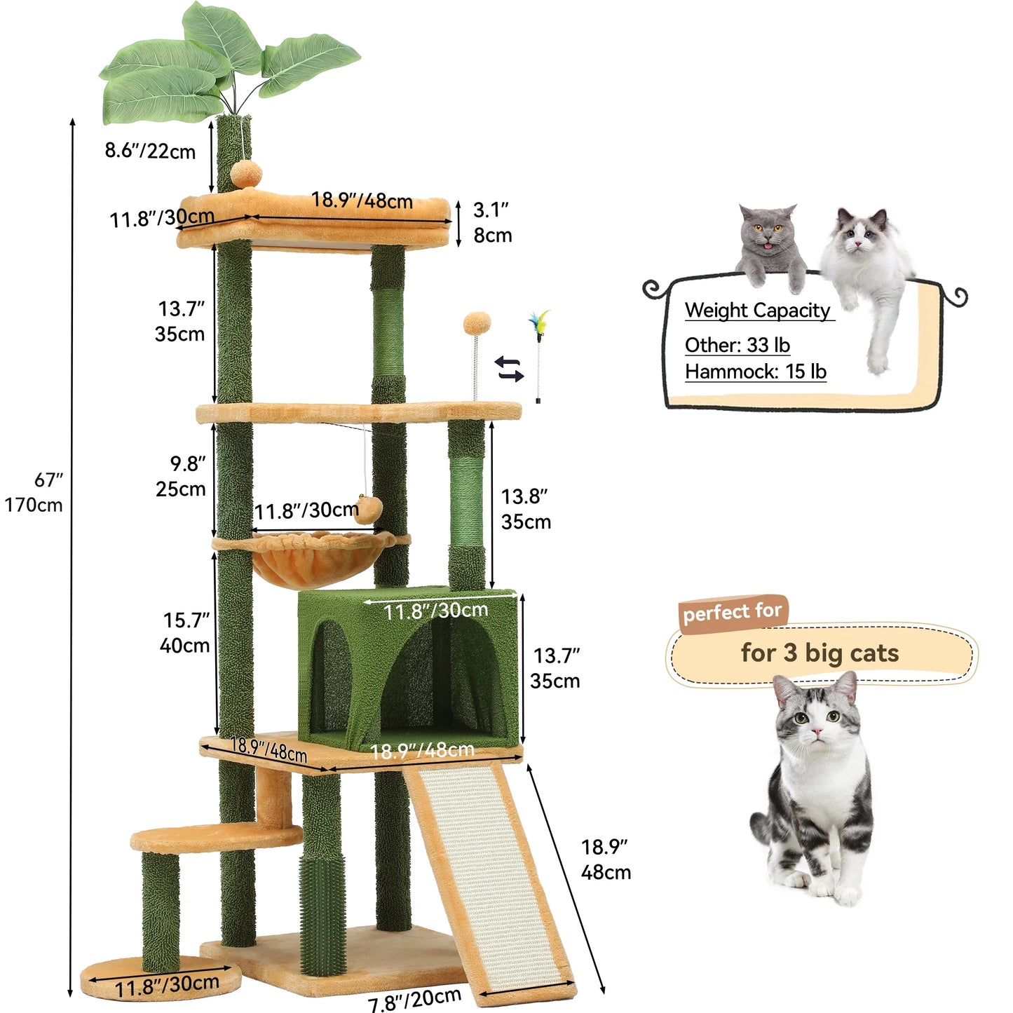 73" Large Cactus Cat Tree Tower with Cat Scratching Posts Cozy Condo Perch for Indoor Cats, Green&Yellow