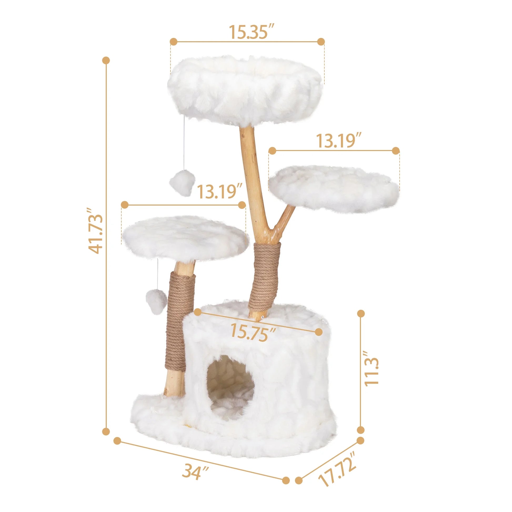 Coziwow 42-In Modern Cat Tree Tower for Large Cats, Natural Branch Cat Condo with 3 Platforms, Scratching Posts, Cat Cave Bed, White