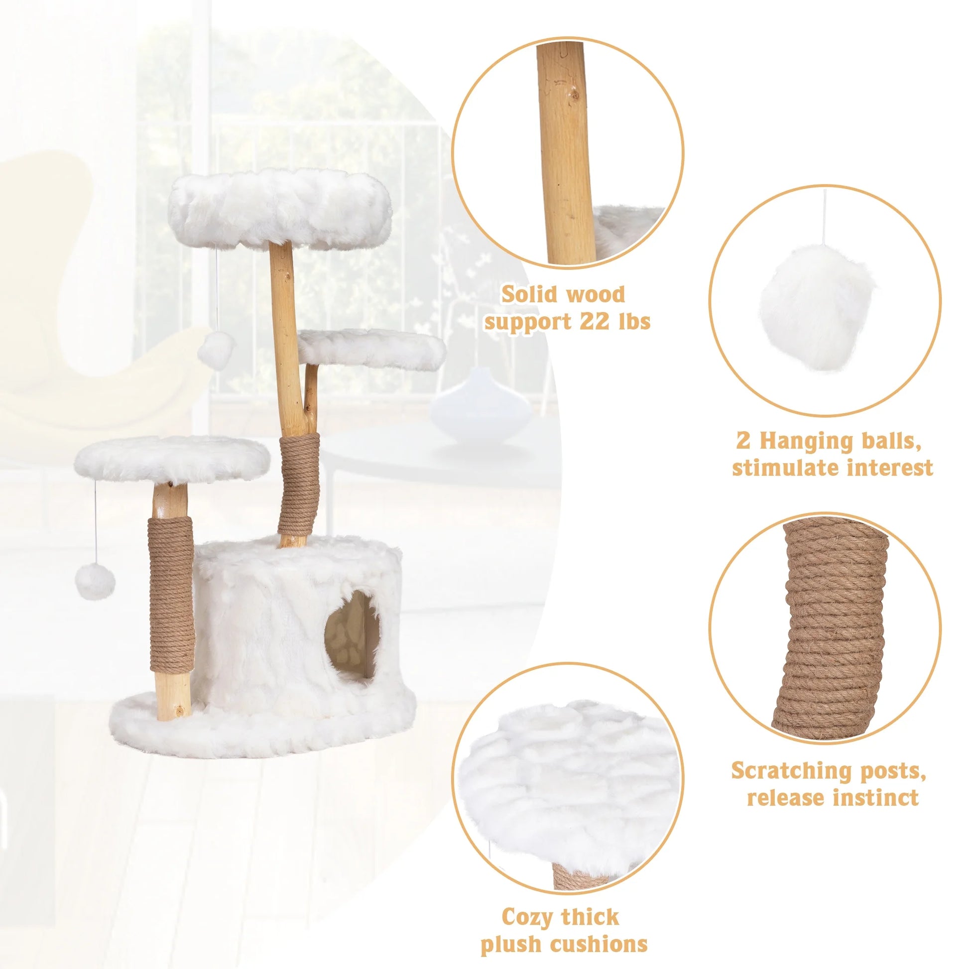 Coziwow 42-In Modern Cat Tree Tower for Large Cats, Natural Branch Cat Condo with 3 Platforms, Scratching Posts, Cat Cave Bed, White