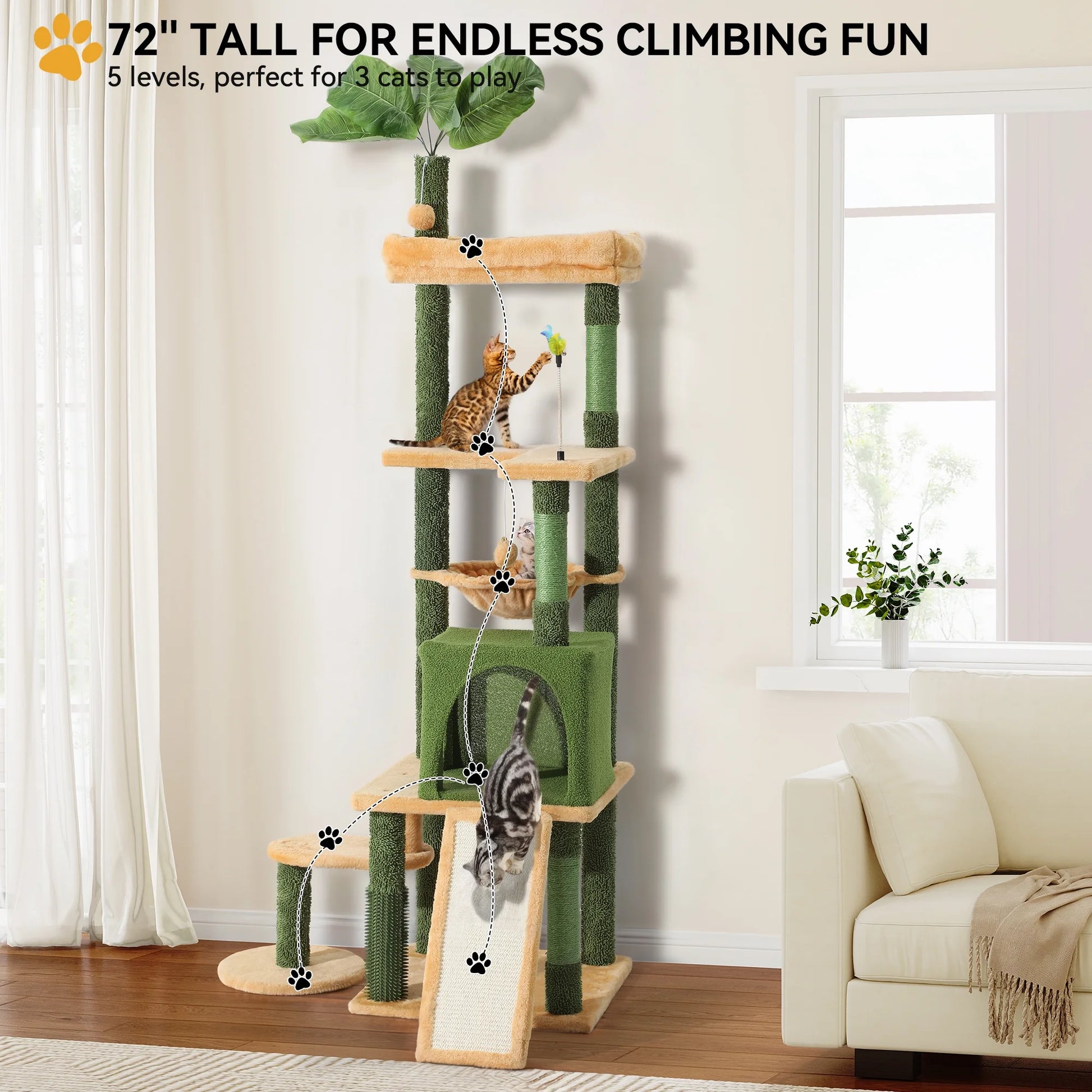 73" Large Cactus Cat Tree Tower with Cat Scratching Posts Cozy Condo Perch for Indoor Cats, Green&Yellow