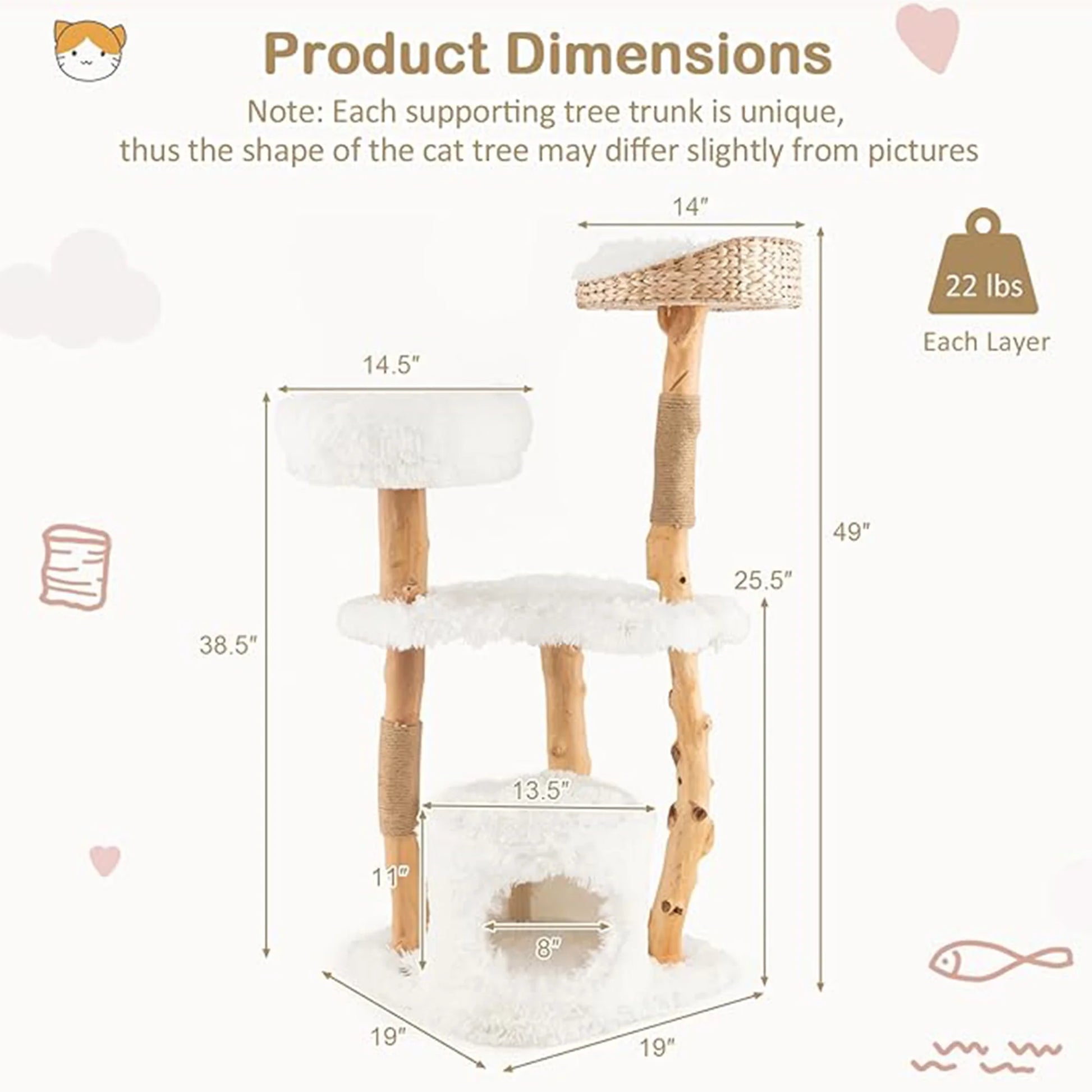 49" Solid Wood Cat Tree Tower for Indoor, Modern Cat Condo with Scratching Post, Cat Climbing Tree House Furniture, White