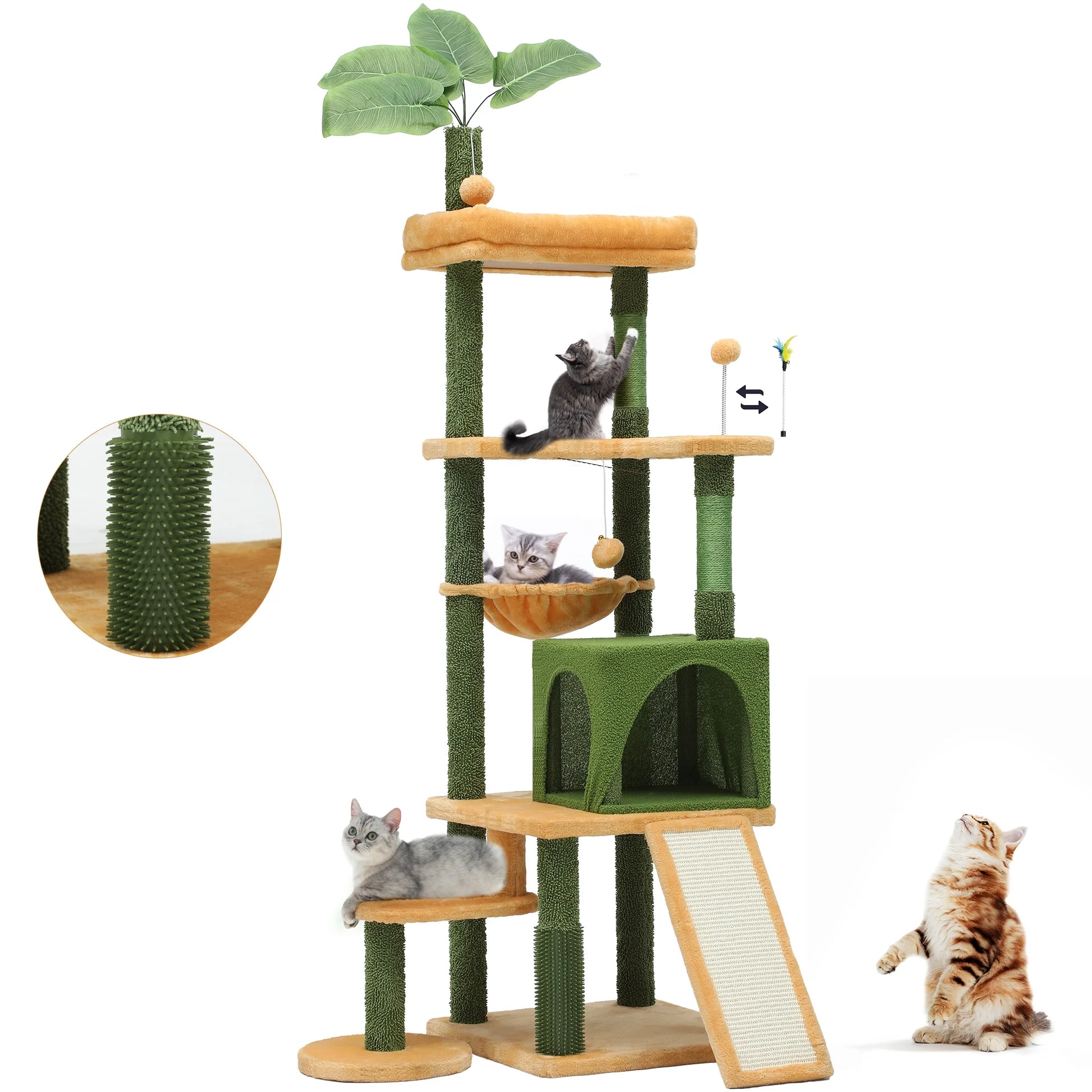73" Large Cactus Cat Tree Tower with Cat Scratching Posts Cozy Condo Perch for Indoor Cats, Green&Yellow
