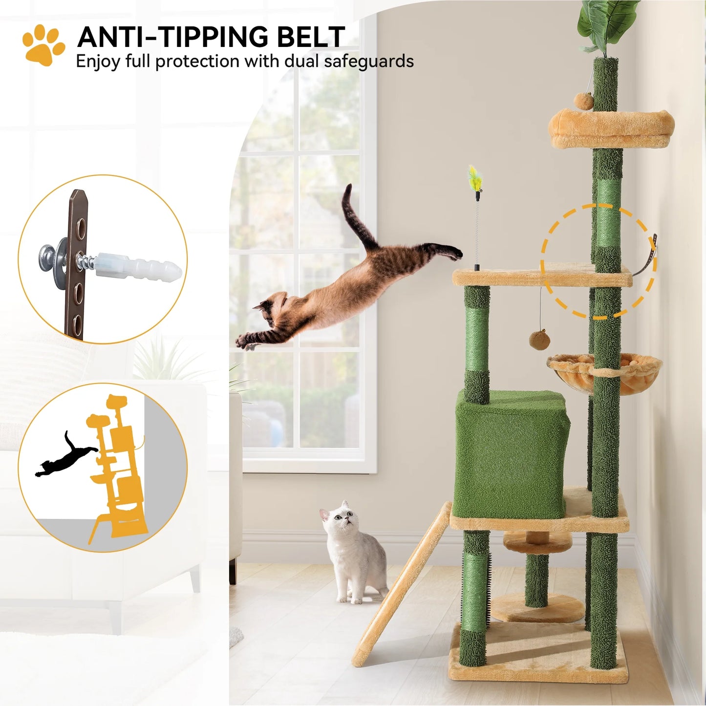 73" Large Cactus Cat Tree Tower with Cat Scratching Posts Cozy Condo Perch for Indoor Cats, Green&Yellow