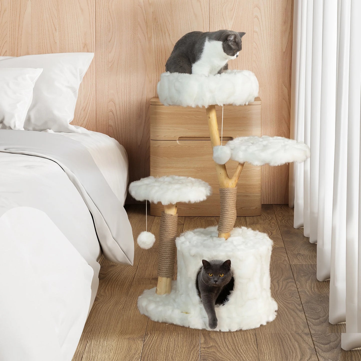 Coziwow 42-In Modern Cat Tree Tower for Large Cats, Natural Branch Cat Condo with 3 Platforms, Scratching Posts, Cat Cave Bed, White