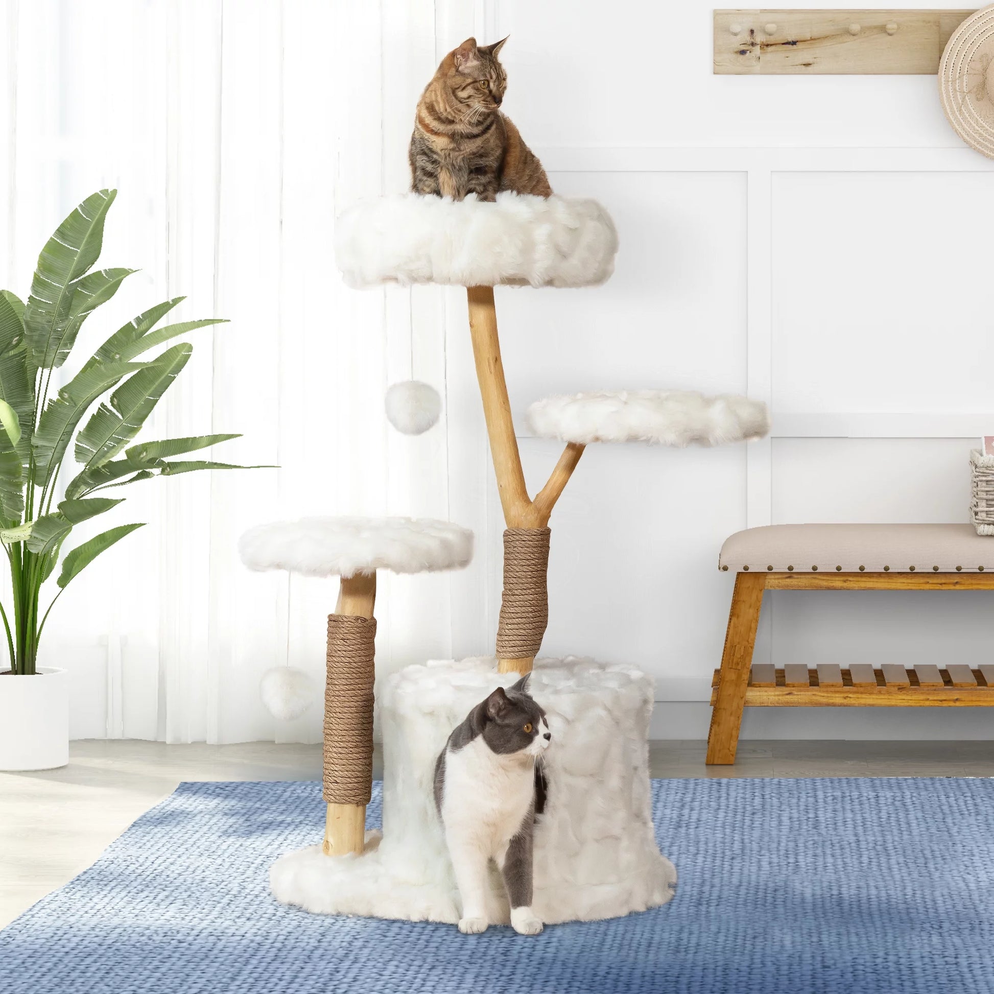 Coziwow 42-In Modern Cat Tree Tower for Large Cats, Natural Branch Cat Condo with 3 Platforms, Scratching Posts, Cat Cave Bed, White