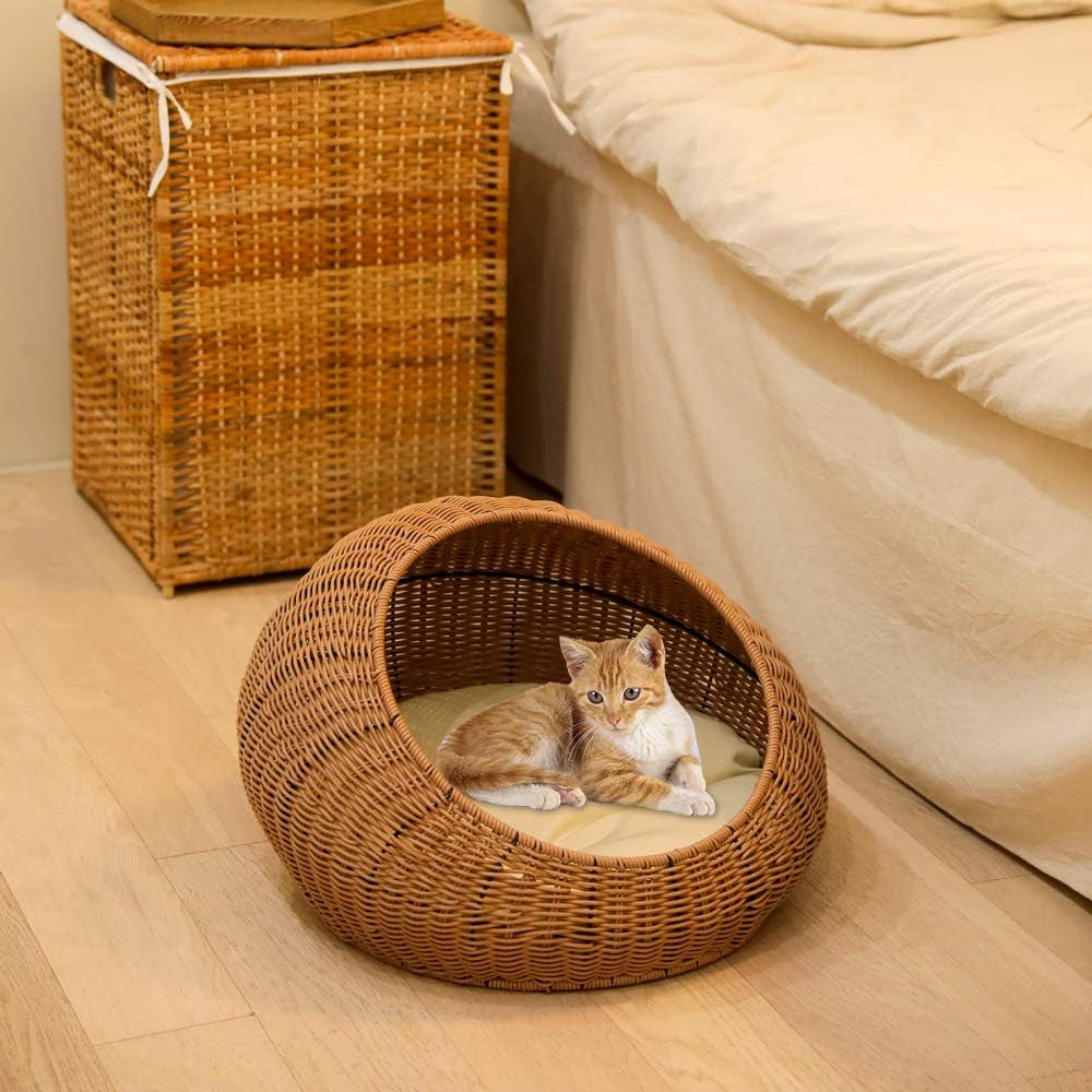 Hand Made Rattan round Bed with Soft Cushion for Cats or Small Dogs, Wicker Basket Pet House