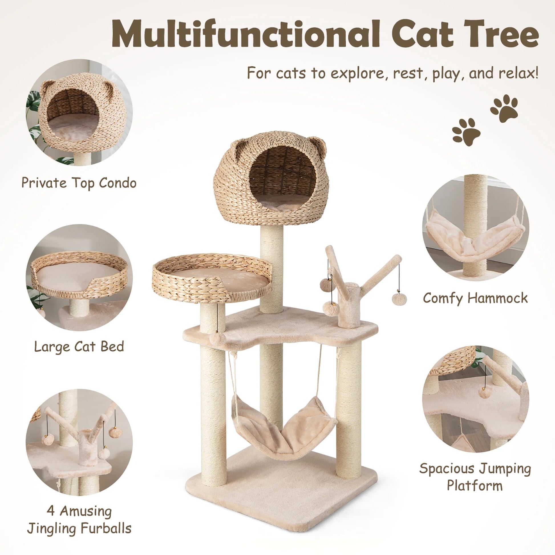 48'' Tall Cat Tree Tower Multi-Level Play Activity Center Withcondo Hammock Cushion