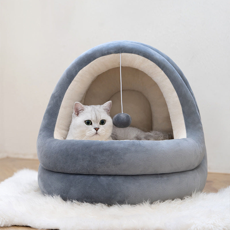 Grey Cozy Velvet PP Cotton Cave Cat Bed