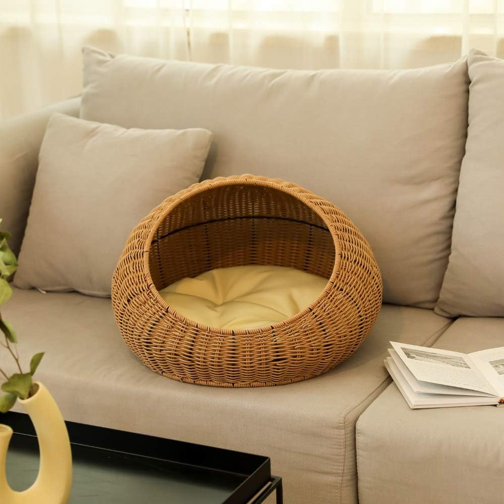 Hand Made Rattan round Bed with Soft Cushion for Cats or Small Dogs, Wicker Basket Pet House