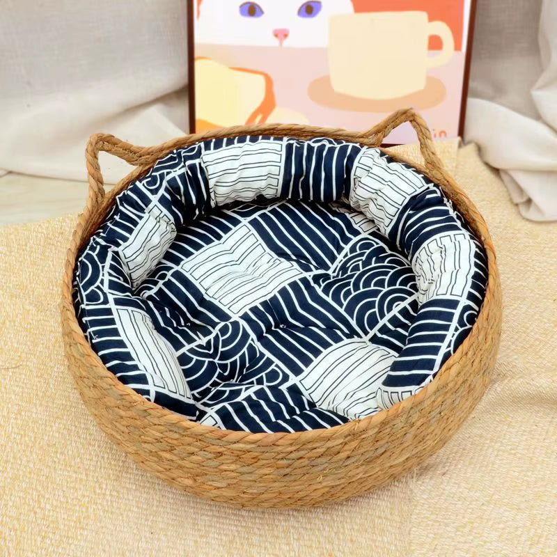 OUZEY Rattan Weaving Cat Basket Pet Cat Bed with Cushion Soft Warm Puppy Kitten Bed Donut round Comfortable Sleeping Cat House