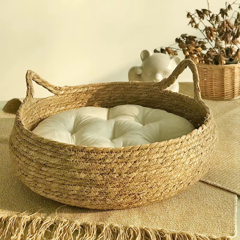 OUZEY Rattan Weaving Cat Basket Pet Cat Bed with Cushion Soft Warm Puppy Kitten Bed Donut round Comfortable Sleeping Cat House