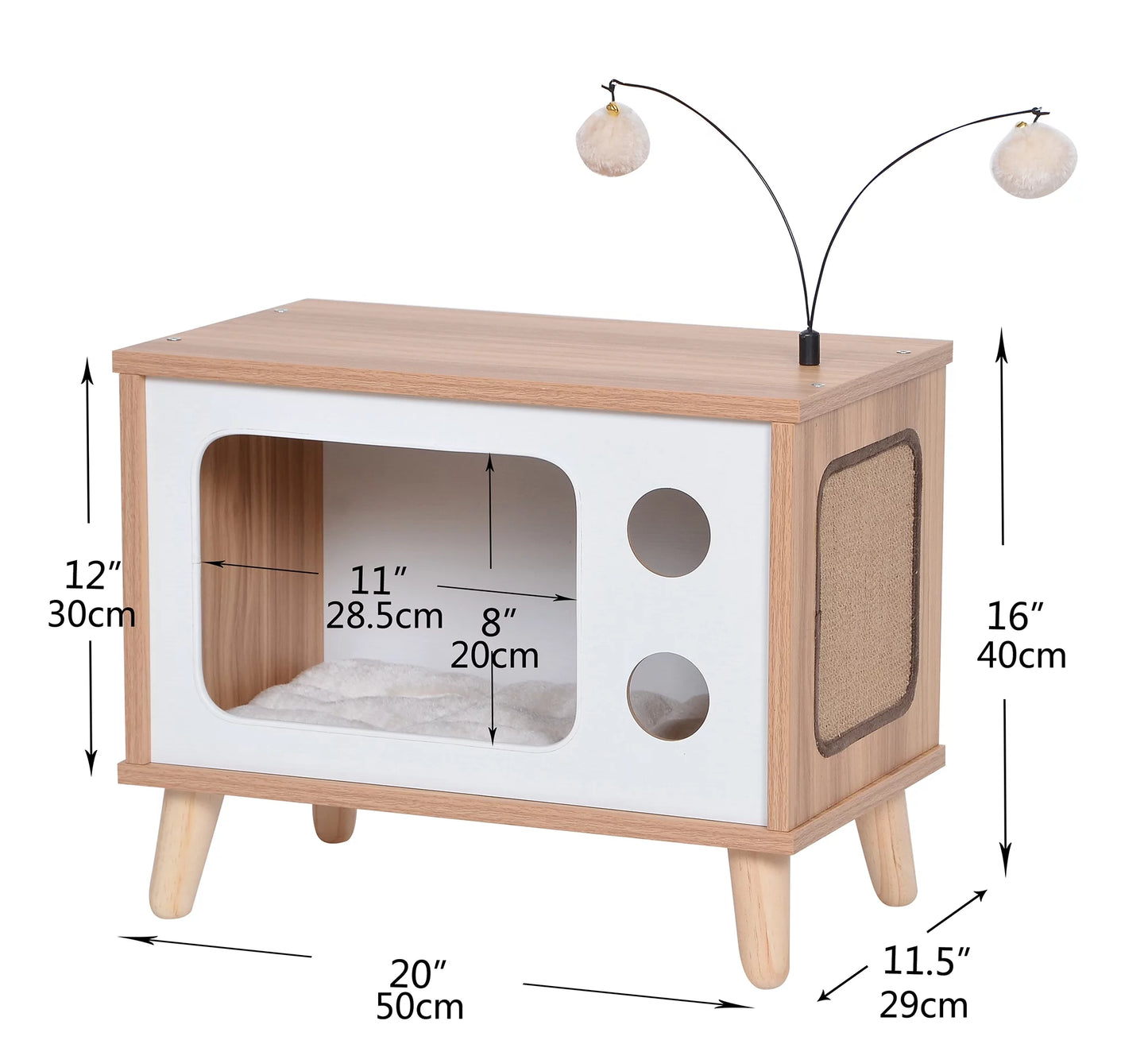 Purr-View Retro TV Cat Condo with Jute Scratching Pad & Washable Mat, Ball Toy Antenna, White & Tan, 20" L X 11.5" W X 16" H