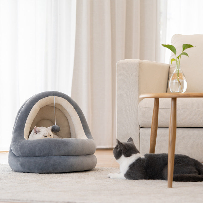 Grey Cozy Velvet PP Cotton Cave Cat Bed