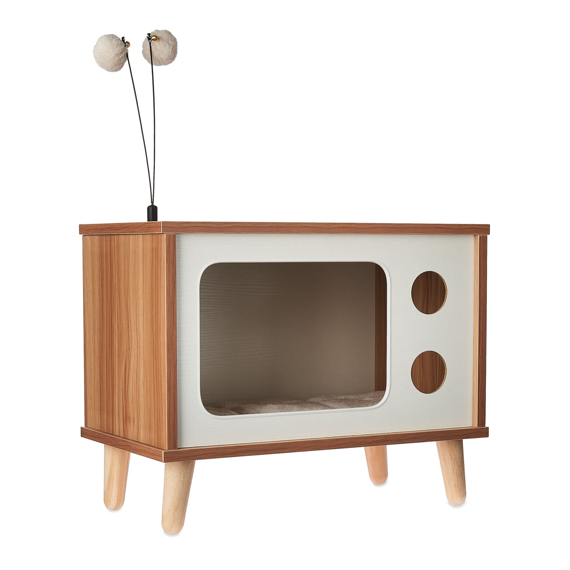 Purr-View Retro TV Cat Condo with Jute Scratching Pad & Washable Mat, Ball Toy Antenna, White & Tan, 20" L X 11.5" W X 16" H