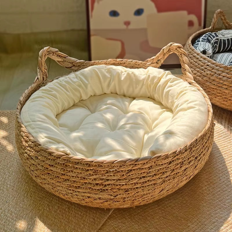 OUZEY Rattan Weaving Cat Basket Pet Cat Bed with Cushion Soft Warm Puppy Kitten Bed Donut round Comfortable Sleeping Cat House