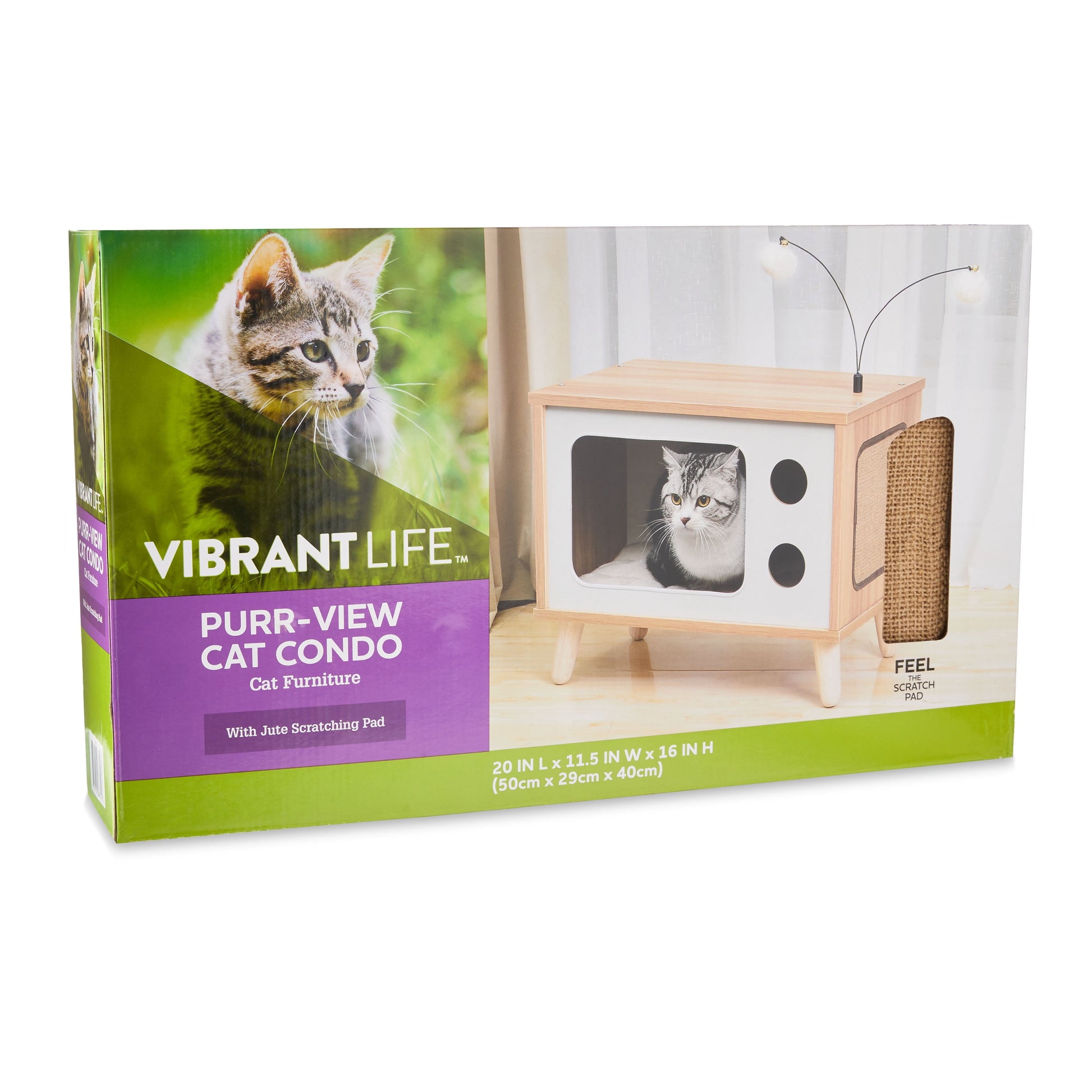 Purr-View Retro TV Cat Condo with Jute Scratching Pad & Washable Mat, Ball Toy Antenna, White & Tan, 20" L X 11.5" W X 16" H