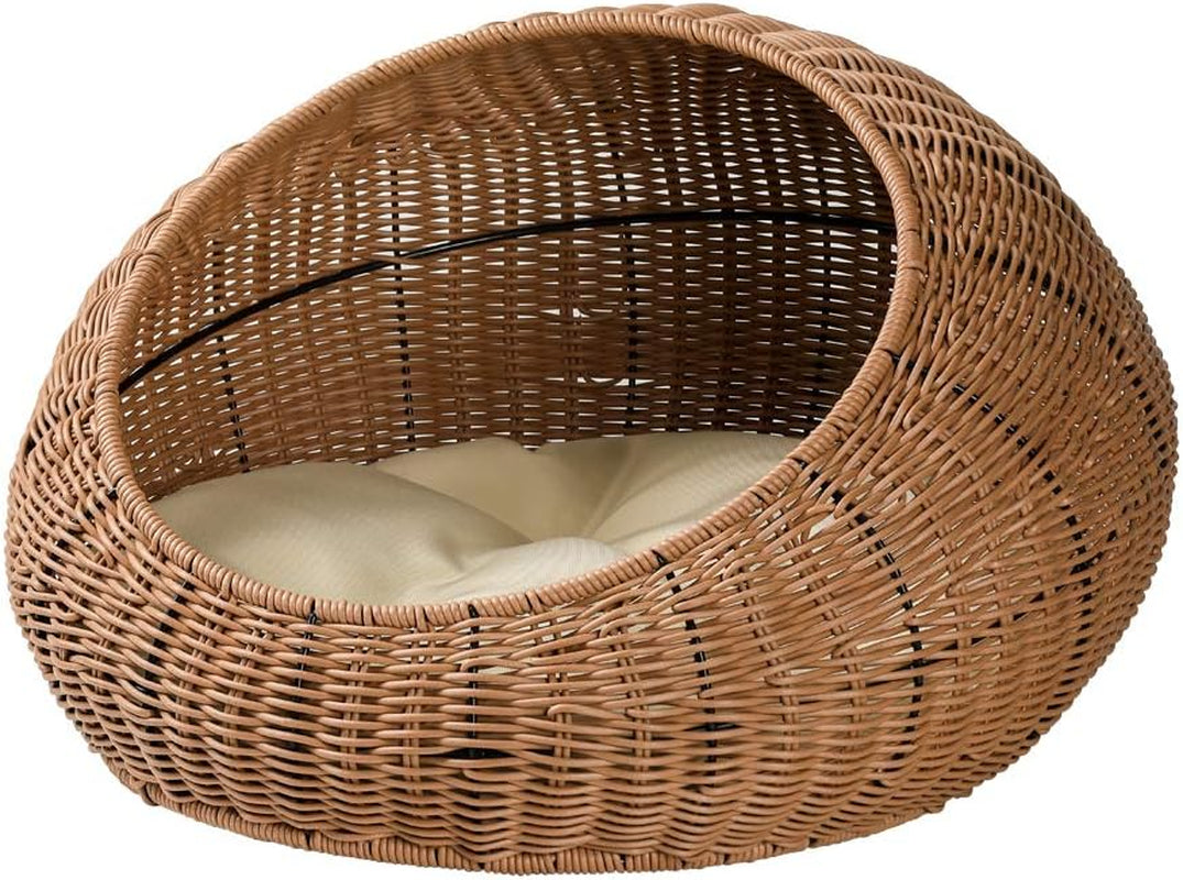 Hand Made Rattan round Bed with Soft Cushion for Cats or Small Dogs, Wicker Basket Pet House